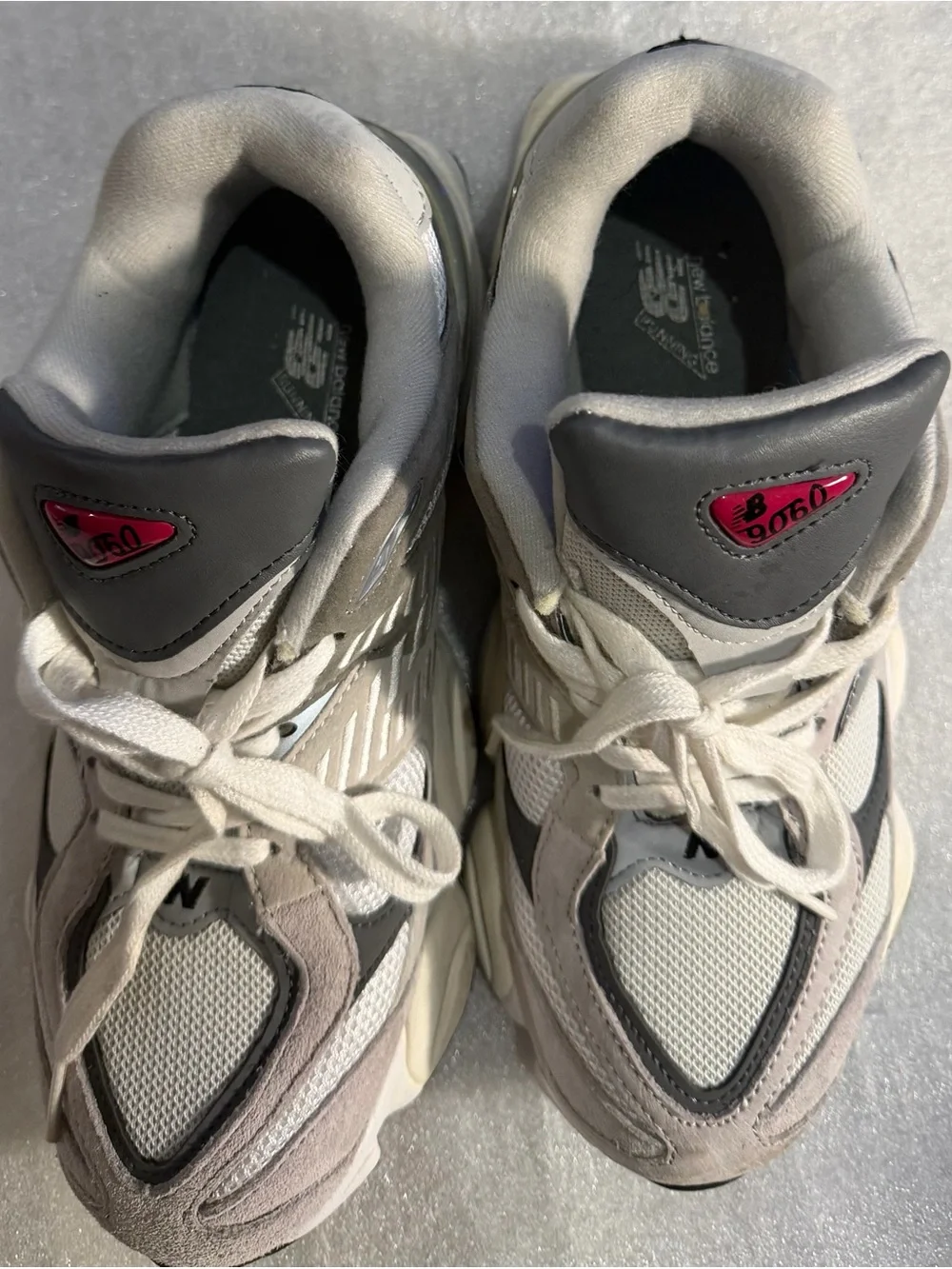 New Balance 9060 Gray, White & Taupe Chunky Lace-Up Sneakers - Picture 6 of 8